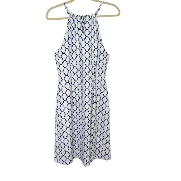 J. McLaughlin Blue & White Graphic Print Medium Catalina Cloth Halter Dress - Picture 4 of 5